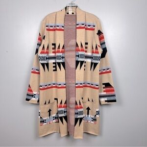 Khaki Aztec nylon viscose blend open front shawl collar cardigan sweater, large.